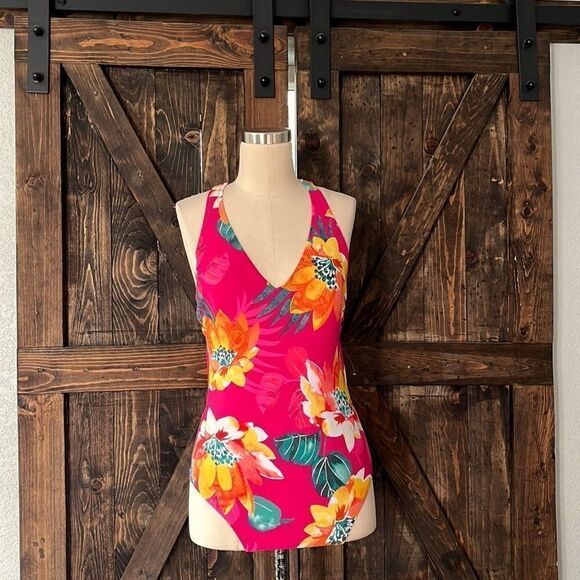 Kona Sol Women's Plus Size Strappy Back One Piece Swimsuit (Pink Floral) - Picture 3 of 15